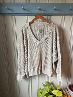 AEO Lived In Waffle Knit Pullover Cream Oversized V Neck Sweater S
